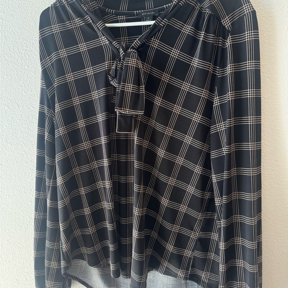 Ann Taylor Tie Neck Blouse, Black Plaid, W’s M